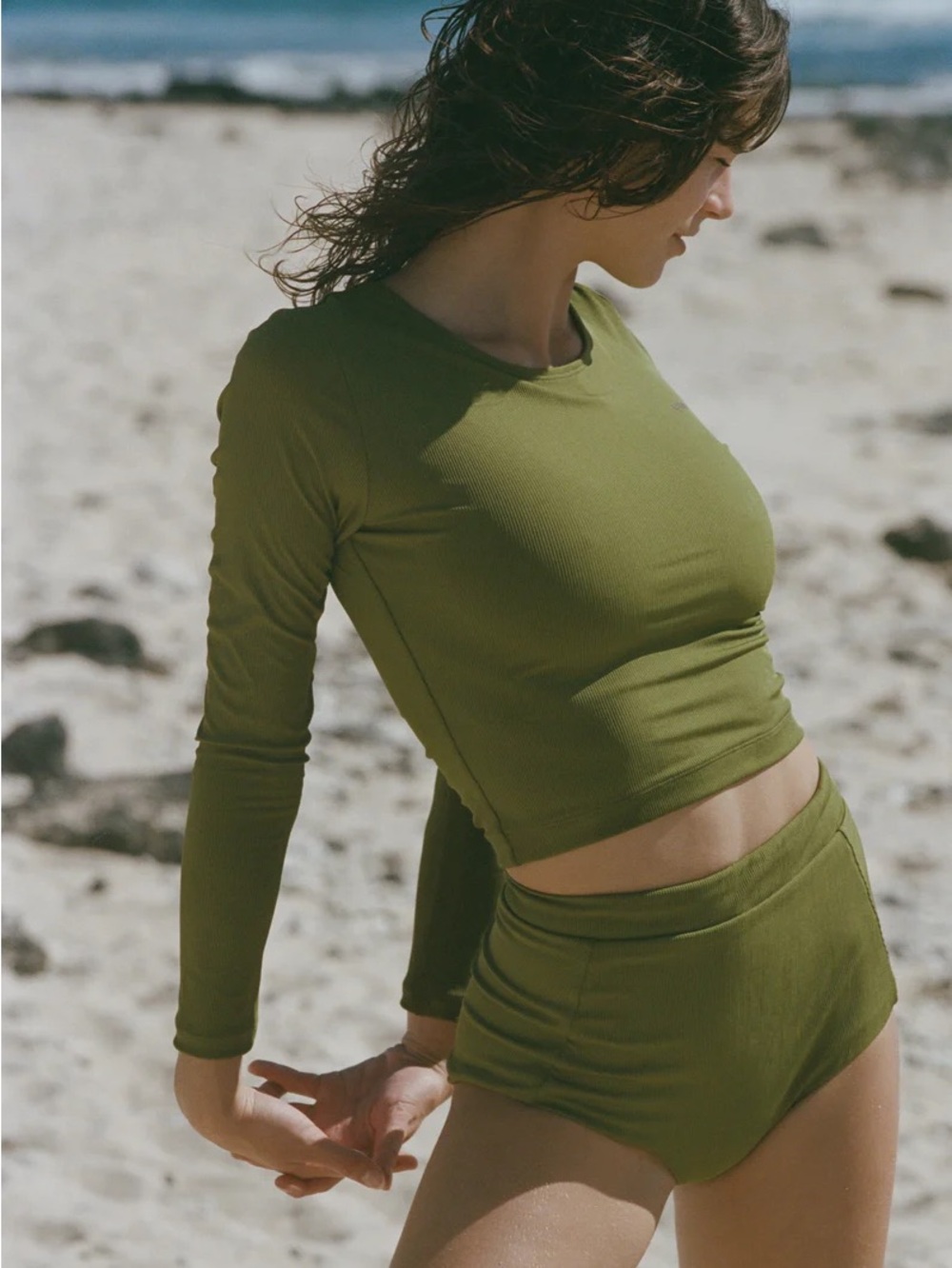 Abysse Poppler Crop Rashguard UPF 50 Surf Top Palm Olive Green XS NEW NWT